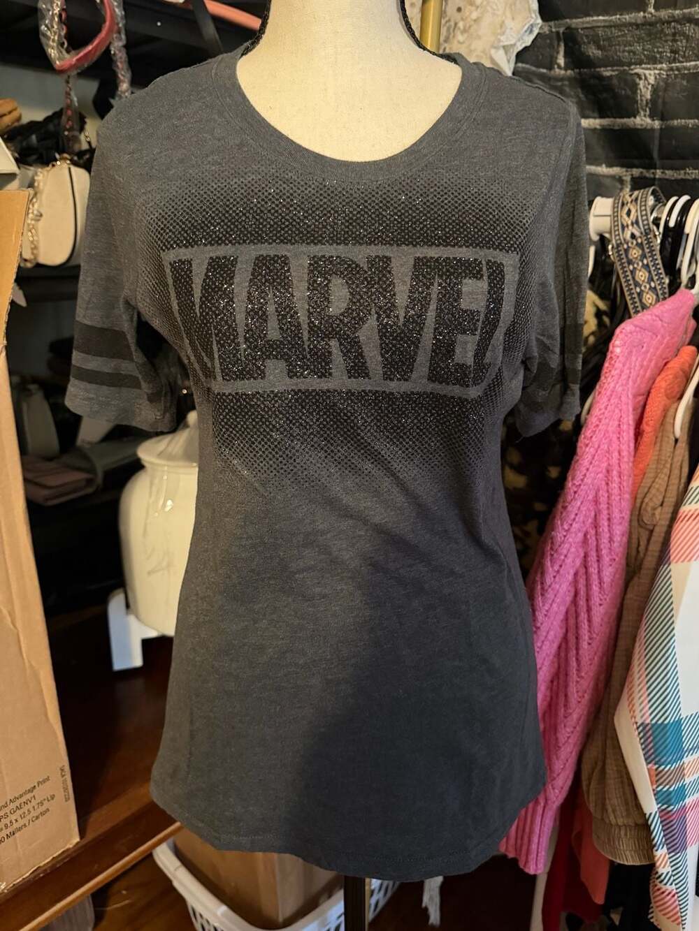 Marvel Graphic T-Shirt Size L (11-13) Grey Glitter Logo
FITS TIGHT